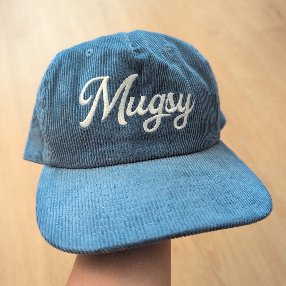 Mugsy Corduroy Snapback Hat Blue Script Logo Embroidered 5 Panel Cap